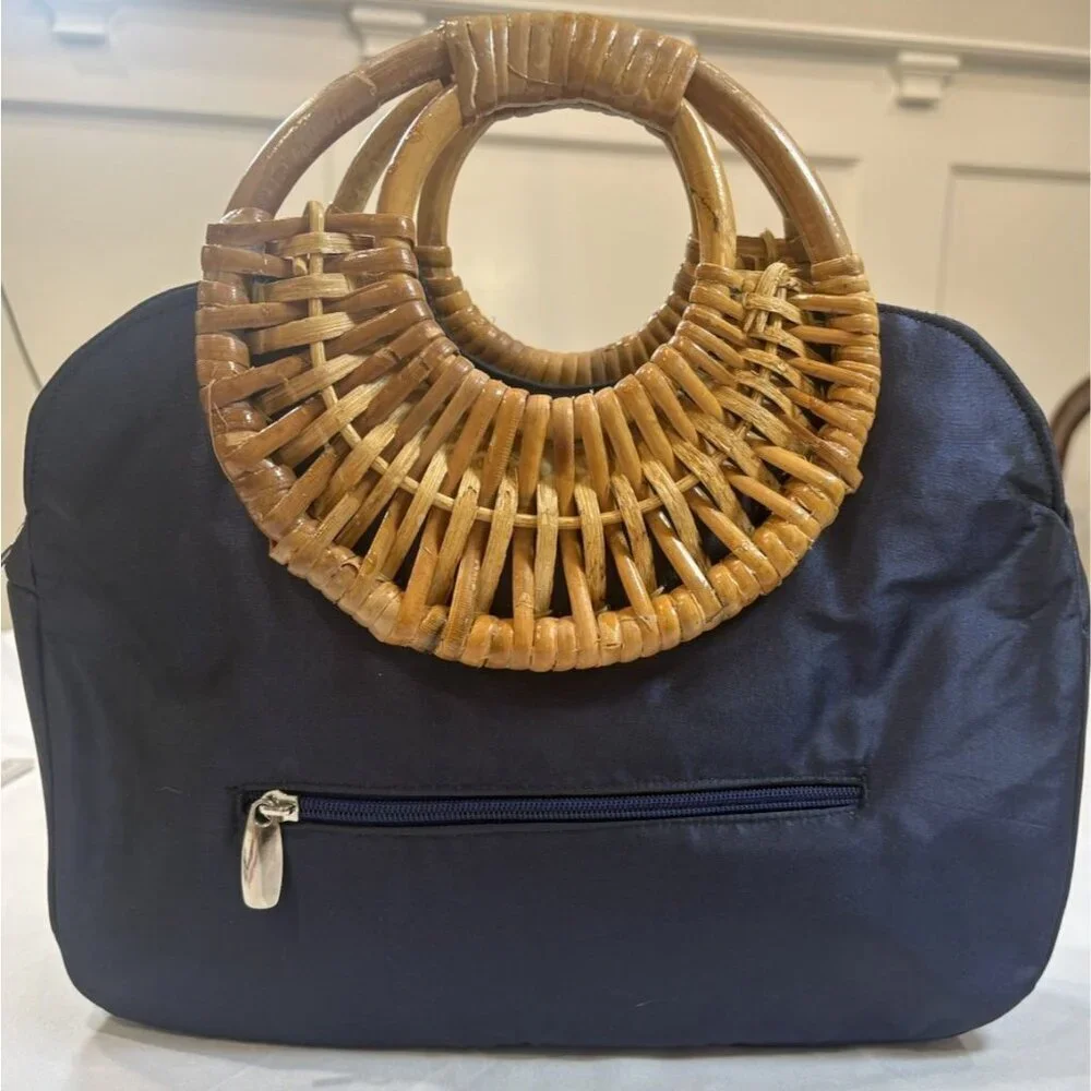 Nehas Cane Handle Blue Silk Floral Embroidered Handbag